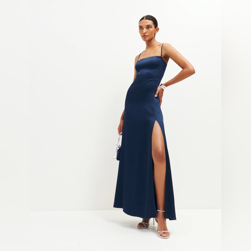 REFORMATION Ingrid Satin Dress in Danube (Navy), Size 0